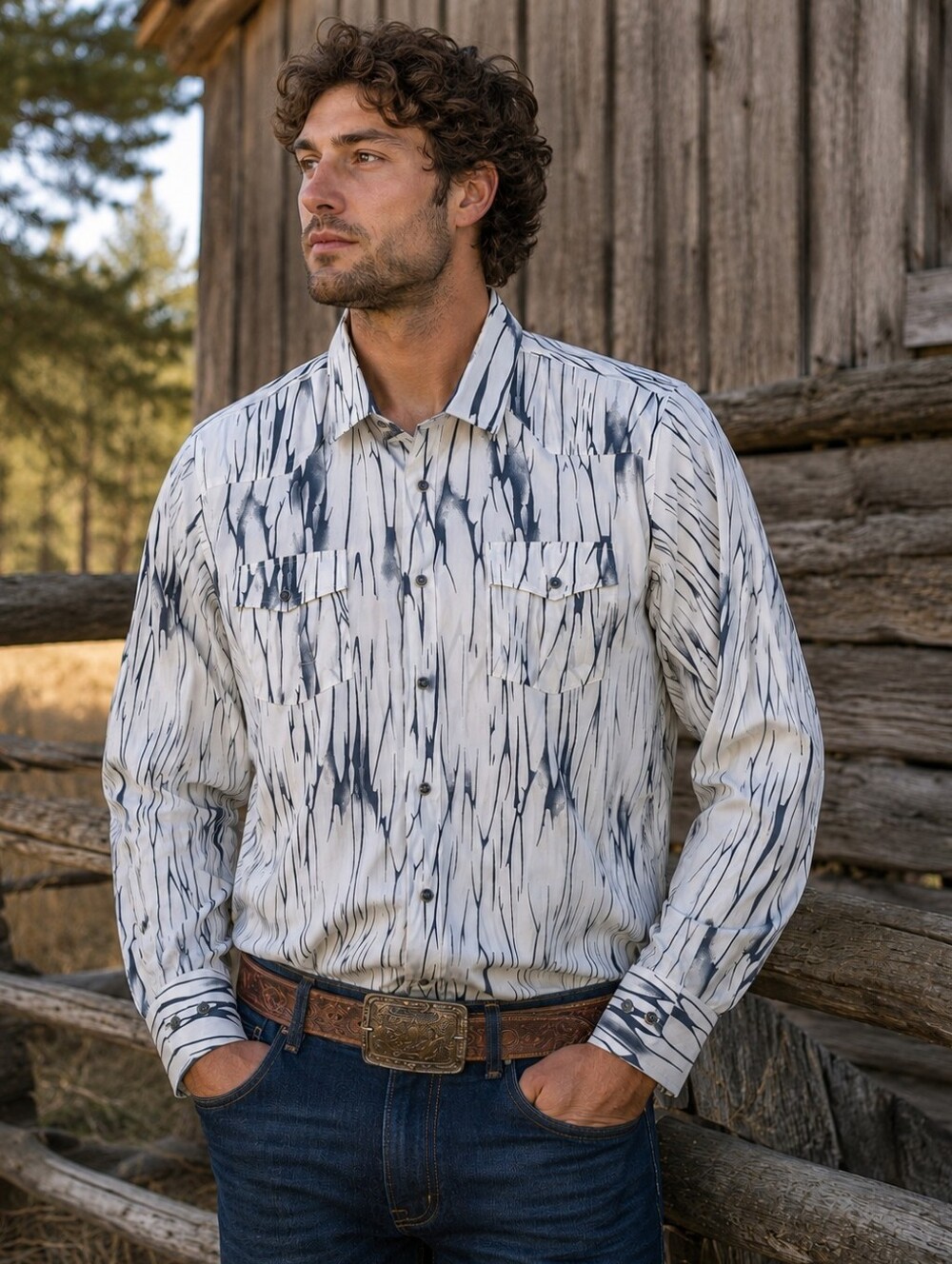 Men's BARABAS Lightweight White & Navy Long Sleeved Snap Front Shirt Sz Lg NWOT